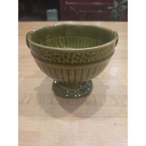 Vintage Brush Pottery Ribbed Pedestal Planter Dimpled Green MCM